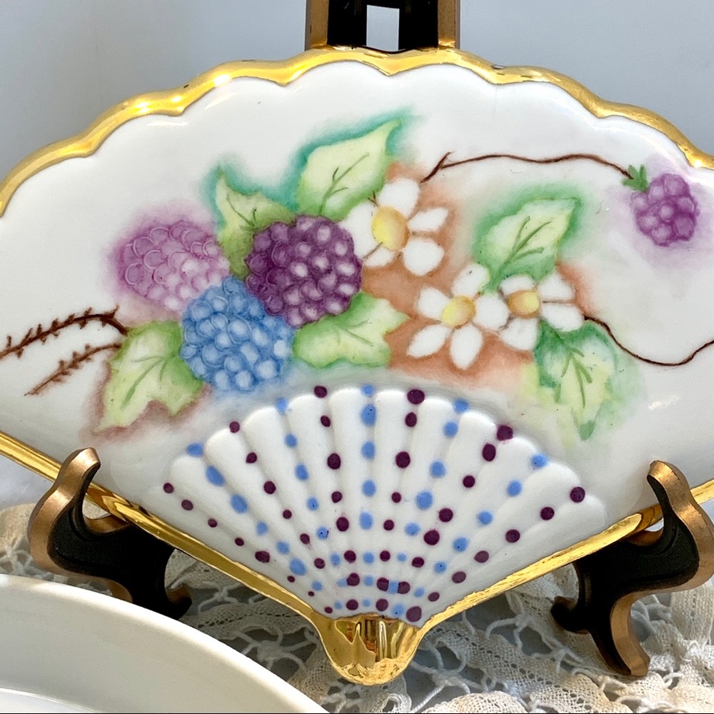Porcelain Fan Shaped Trinket Box Vintage